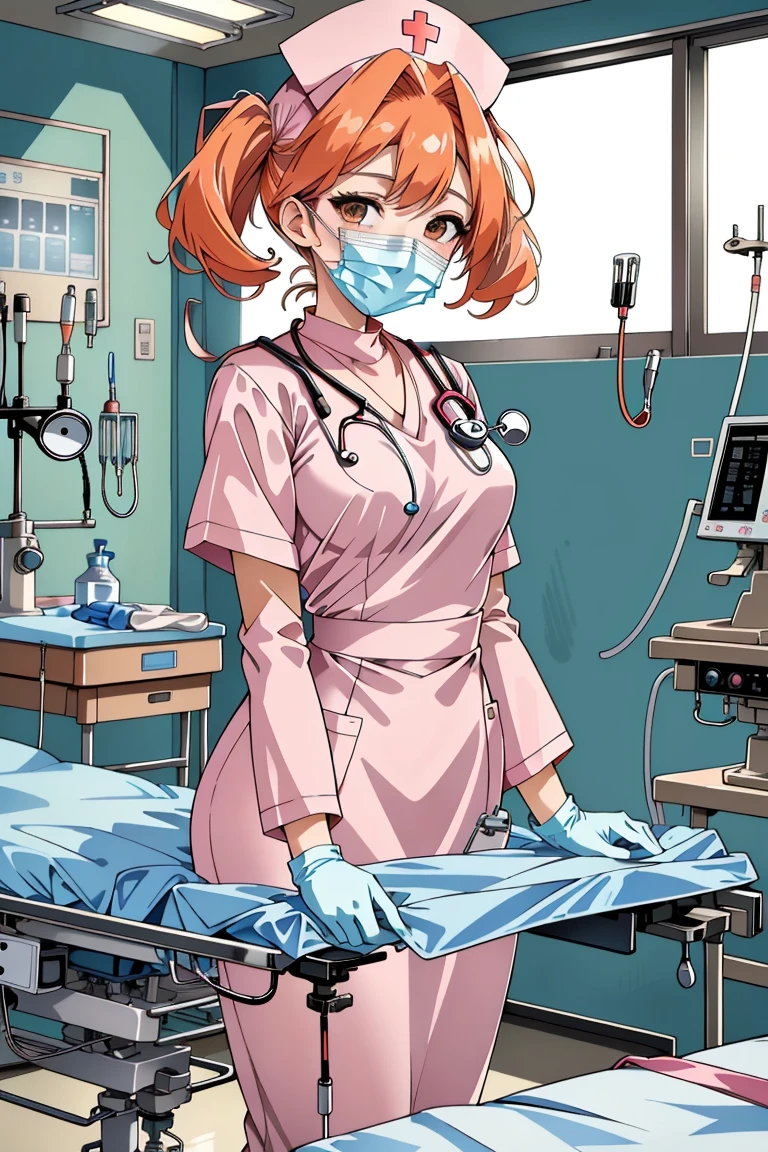 ((masterpiece, best quality,lower_body)), operating table,medical monitors,hospital bed, <lora:Chika Naruse v1:0.8> (chika naruse, 1girl, twintails, orange hair, brown eyes) <lora:surgical_nurse_v1:0.8> (surgical_nurse_v1.0, nurse cap, nurse, latex, stethoscope, latex gloves, surgical mask),