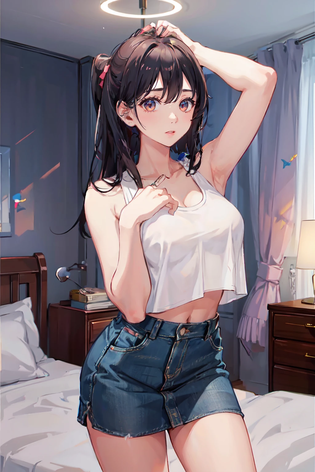 (best quality,4k,8k,highres,masterpiece:1.2),ultra-detailed,(realistic,photorealistic,photo-realistic:1.37),ponytail,black hair,high school girl,mini skirt,bedroom,on the bed,sunlight,bright colored clothes,slightly exposed necklin, White camisole、Bright blue how off your breasts、Put your hands behind your back