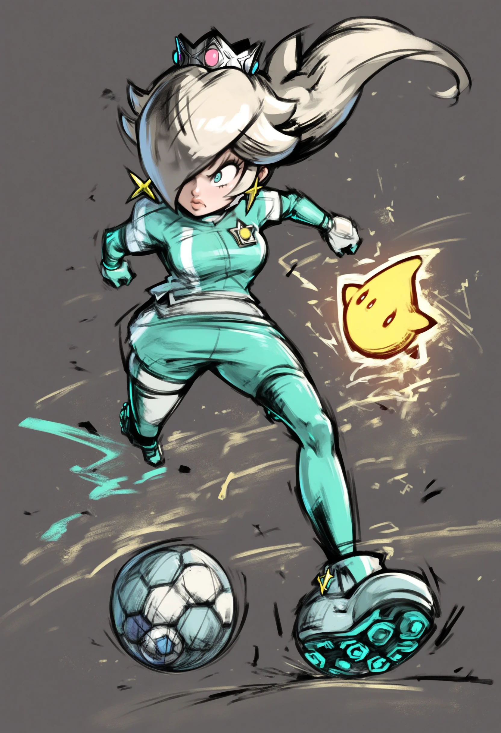 score_9, score_8_up, score_7_up, source_anime, 1girl, soccer ball, sportswear, soccer uniform, full body, angry, <lora:MarioStrikerXL-000010:1>, rosalina, lineart,
