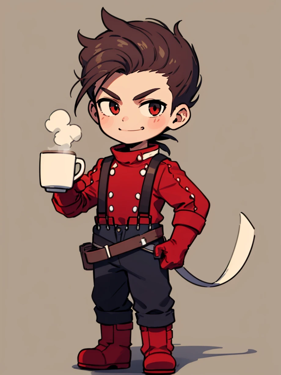 (masterpiece, best quality:1.2), chibi, 1boy, full body, looking at viewer, smirk, smug, holding, coffee mug, steam, <lora:LloydToS:0.8> lloydToS, red shirt, red gloves, pants, boots, suspenders, simple background, <lora:cute_social_Comic:0.65> cute comic
