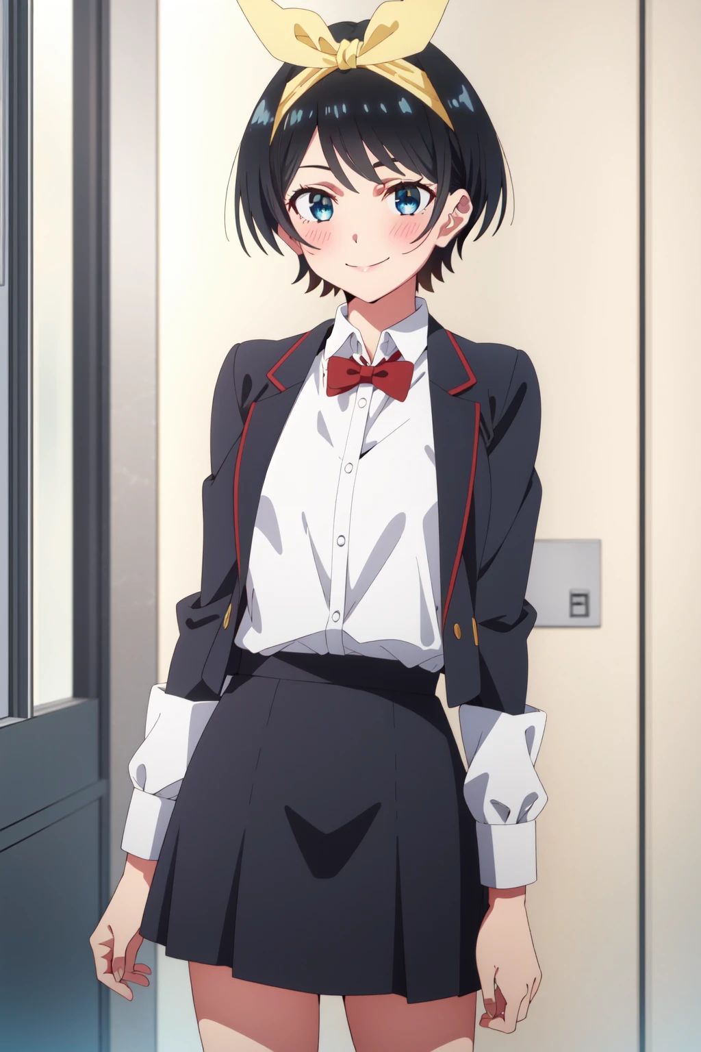 <lora:anime_screencap_v2:0.3> tall body, tall, long legs, mature female, mature, adult, <lora:GoodHands-beta2:1.4>, simple background, indoors
<lora:eft_rent_ruka:0.8>Eft_RAG_ruka, 1girl, solo, bow, short hair, smile, black hair, bowtie, skirt, blush, red bow, shirt, black skirt, hairband, red bowtie, vest, white shirt, yellow hairband, bangs, blue eyes, collared shirt, long sleeves, closed mouth, hair bow, cowboy shot, ribbon, hair ribbon