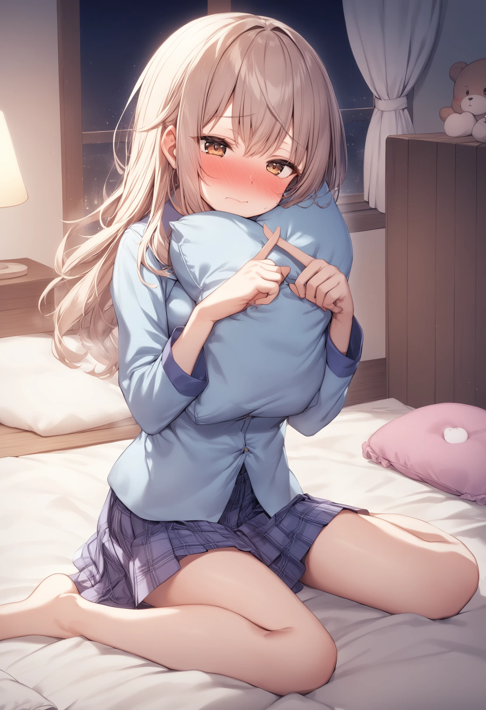 1girl, <lora:sdxl2-flat2-512b:-1>,medium breasts,school uniform,pajamas, night, on bed,wariza, blush, nose blush, embarrassed, ((pillow hug)),
<lora:xfingersXLv2:0.7>,x fingers,
best quality,medium quality,