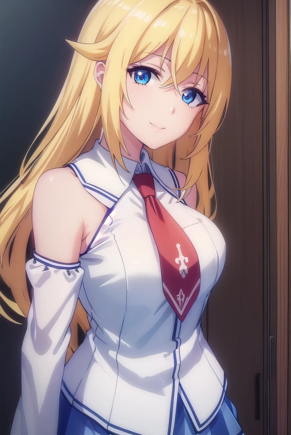 yurishiafarandole, <lora:yurishia farandole s1-lora-nochekaiser:1>,
yurishia farandole, long hair, blue eyes, blonde hair, hair between eyes, smile,
BREAK skirt, bare shoulders, school uniform, detached sleeves, necktie, uniform, (white shirt:1.2),
BREAK indoors, classroom,
BREAK looking at viewer, (cowboy shot:1.5),
BREAK <lyco:GoodHands-beta2:1>, (masterpiece:1.2), best quality, high resolution, unity 8k wallpaper, (illustration:0.8), (beautiful detailed eyes:1.6), extremely detailed face, perfect lighting, extremely detailed CG, (perfect hands, perfect anatomy),