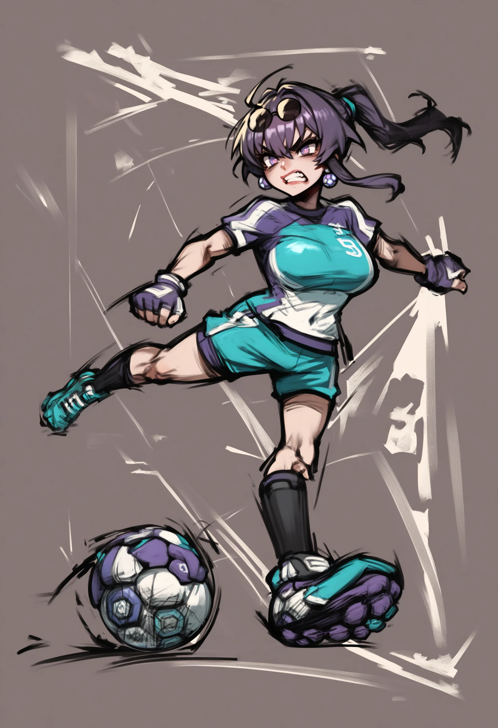 score_9, score_8_up, score_7_up, source_anime, 1girl, soccer ball, sportswear, soccer uniform, full body, angry, <lora:MarioStrikerXL:1>, lineart, KafkaXL, purple eyes, eyewear on head, <lora:XL_Char_HSR_Kafka_Pony:1>