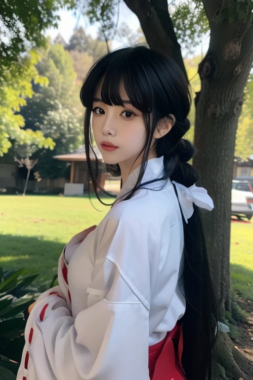 ltra-detailed,highly detailed,best quality,masterpiece,illustration,realistic,photorealistic,
1girl, solo, 
kikyo,miko, 
very long hair, blunt bangs, low ponytail, 
looking at viewer, 
outdoors, tree, leaf, day,photo background, nature,
<lora:kikyo miko_v1_07:0.7>