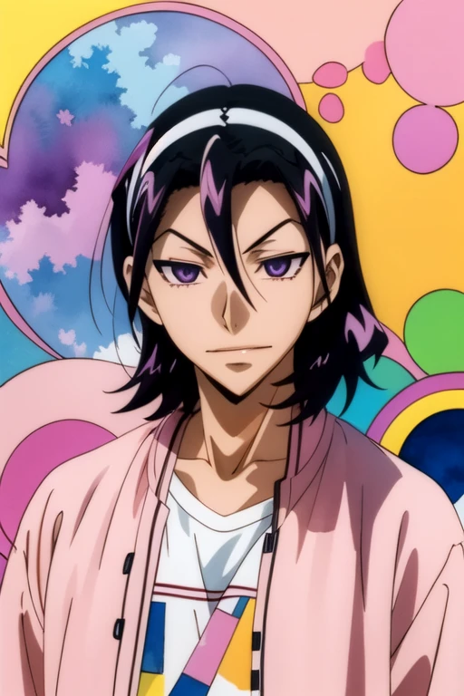 (best quality:1.1), (masterpiece:1.4), illustration, , upper body, , (watercolor illustration, soft pastel colors:1.1), (anime:1.4), 1boy, solo, male focus, <lora:jinpachi_toudou:0.86>, jinpachi_toudou, black hair, purple eyes, hair between eyes, candy costume, The Valley of the Lost,