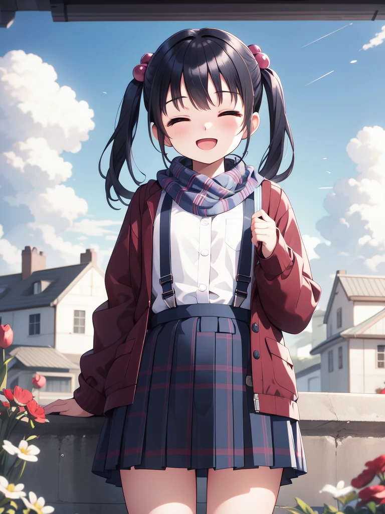 <lora:Tsutsumi_Kinuka:0.8>, TsutsumiKinuka, 1girl, skirt, solo, closed eyes, smile, twintails, outdoors, black hair, shirt, hair ornament, scarf, cloud, hair bobbles, open mouth, sky, white shirt, building, long sleeves, jacket, blue skirt, bangs, blush, pleated skirt, suspenders, flower, cowboy shot, facing viewer, buttons, :d, plaid, suspender skirt, cloudy sky, standing, red flower, black jacket, plaid scarf, house, open clothes, ^_^, long hair, open jacket,
masterpiece, high quality, very_high_resolution, large_filesize, full color,