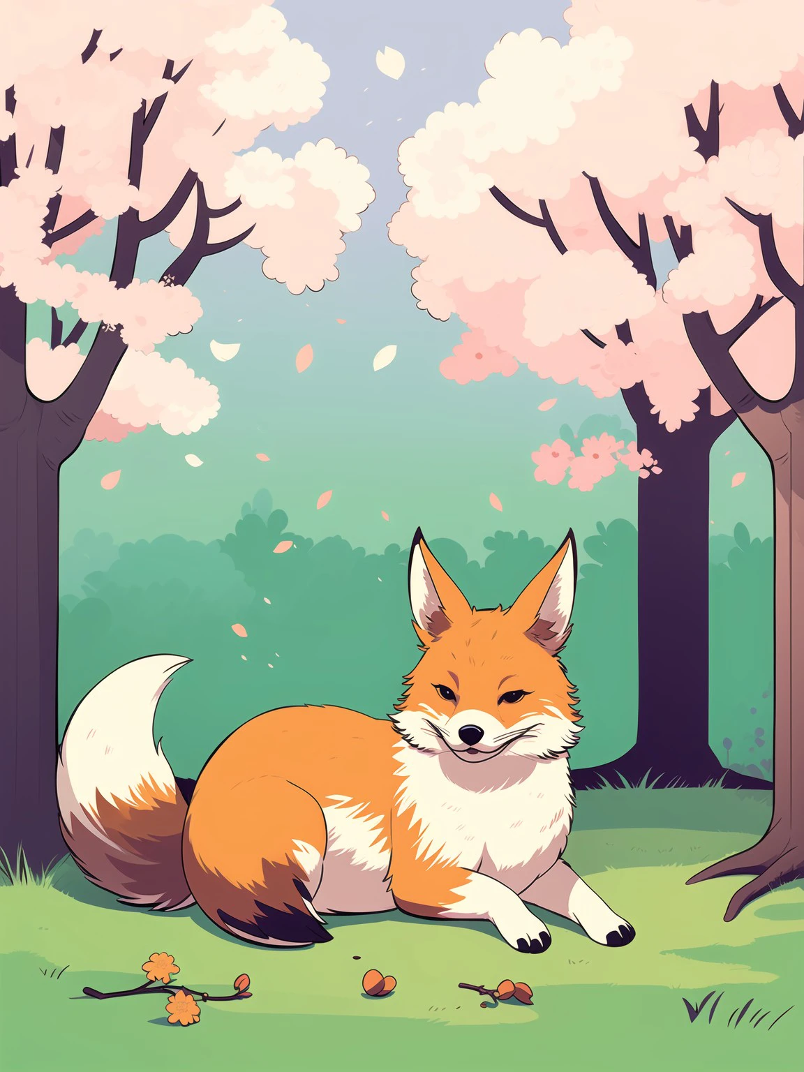 master piece, high quality, A fox, under a cherry tree, <lora:J_illustration:0.8> j_illustration