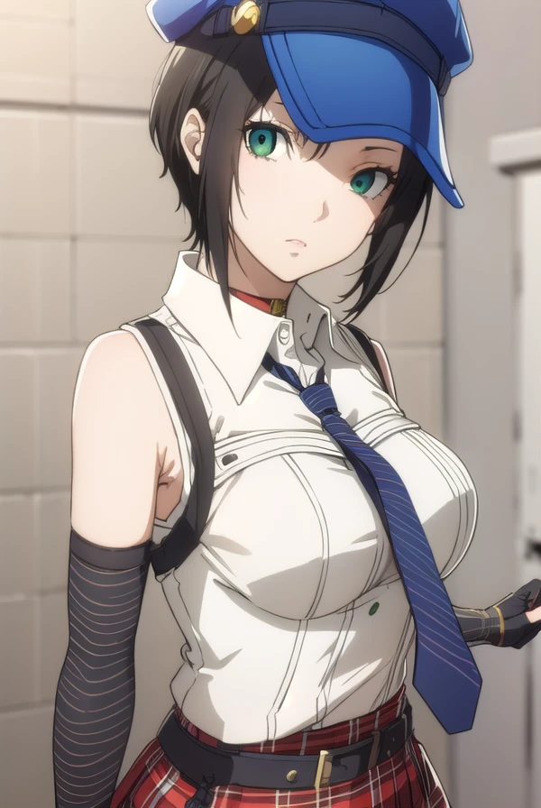 marikokusumi, <lora:mariko kusumi s1-lora-nochekaiser:1>,
mariko kusumi, short hair, black hair, (green eyes:1.3),
BREAK skirt, shirt, gloves, hat, white shirt, necktie, sleeveless, choker, elbow gloves, striped, belt, fingerless gloves, plaid, sleeveless shirt, red skirt, plaid skirt, striped gloves,
BREAK outdoors,
BREAK looking at viewer,
BREAK <lyco:GoodHands-beta2:1>, (masterpiece:1.2), best quality, high resolution, unity 8k wallpaper, (illustration:0.8), (beautiful detailed eyes:1.6), extremely detailed face, perfect lighting, extremely detailed CG, (perfect hands, perfect anatomy),