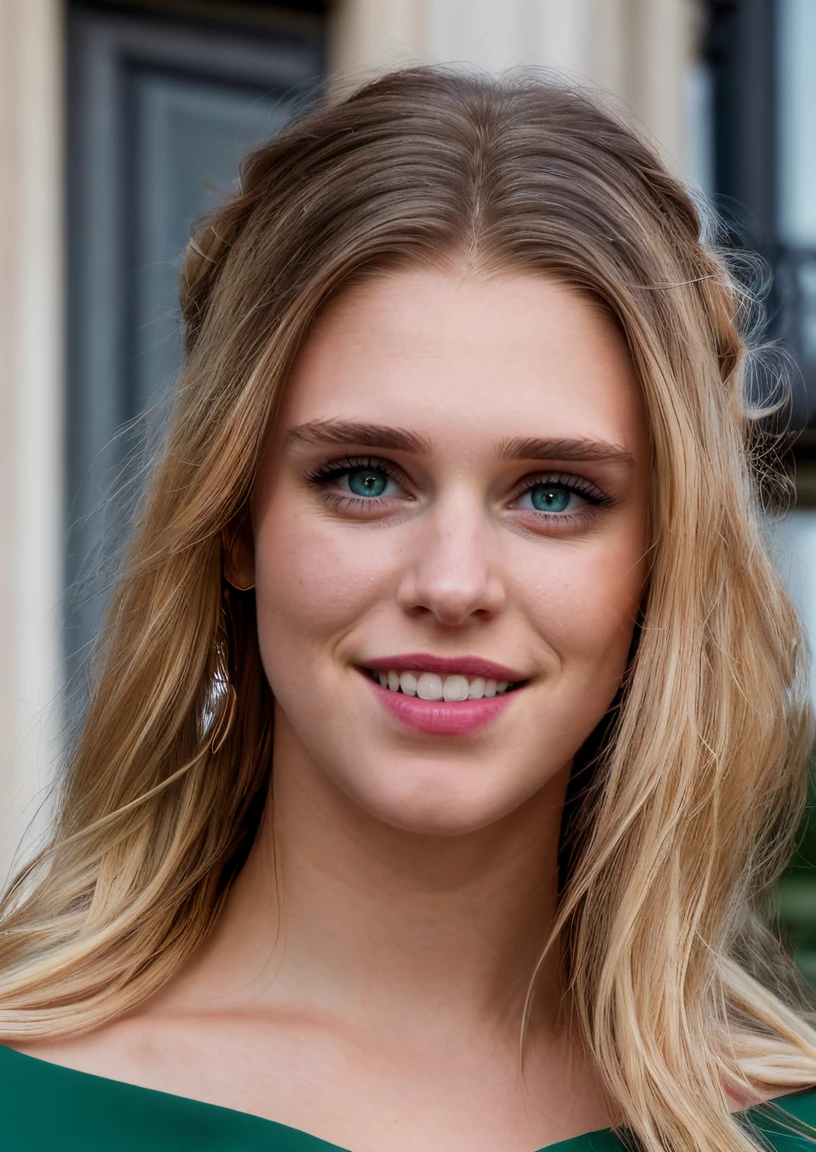 Professional photograph of GW Woman, close up, portrait, she has long blonde hair combed to the sides, she's standing on the balcony of her apartment in London, smiling at the viewer, wearing earrings, red lipstick and eyeliner, it's a toothy smile, green eyes with beautiful iris. She's wearing an elegant black dress. London city in the background, cloudy sky, photorealistic, 4k, 8k, masterpiece, by bokeh, absurdres, highest quality <lora:GaiaWeiss-1599-byMal:1>