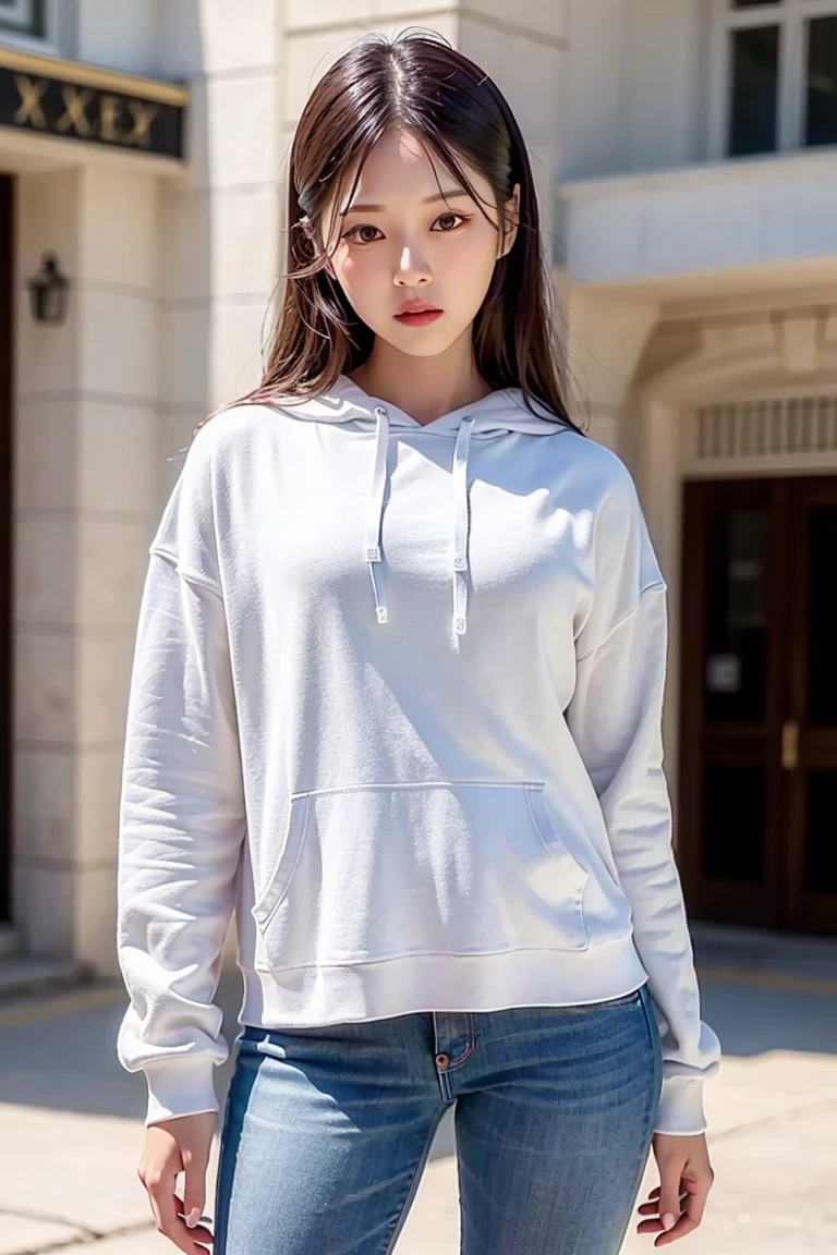 loonahyunjin, urban, streets, RAW,(8k, best quality, masterpiece:1.2),(intricate details:1.4),(photorealistic:1.4),octane render, ultra detailed, realistic skin texture, detailed face, beautiful detailed eyes, makeup, (detailed background:1.2), (cowboy shot:1.2),(hip),(perfect anatomy:1.2),(white hoodie, jeans), <lora:loonahyunjin-v1:1>