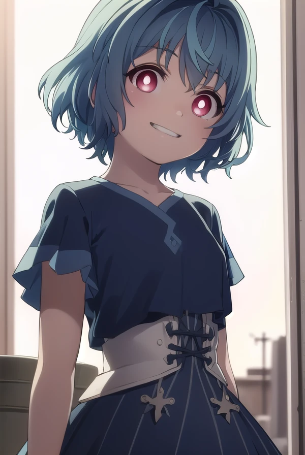 kohinahiruko, <lora:kohina hiruko s1-lora-nochekaiser:1>,
kohina hiruko, short hair, (red eyes:1.3), (bright pupils:1.5), streaked hair, blue hair, smile, grin,
BREAK dress, blue dress, short sleeves, frills,
BREAK outdoors,
BREAK looking at viewer, (cowboy shot:1.5),
BREAK <lyco:GoodHands-beta2:1>, (masterpiece:1.2), best quality, high resolution, unity 8k wallpaper, (illustration:0.8), (beautiful detailed eyes:1.6), extremely detailed face, perfect lighting, extremely detailed CG, (perfect hands, perfect anatomy),