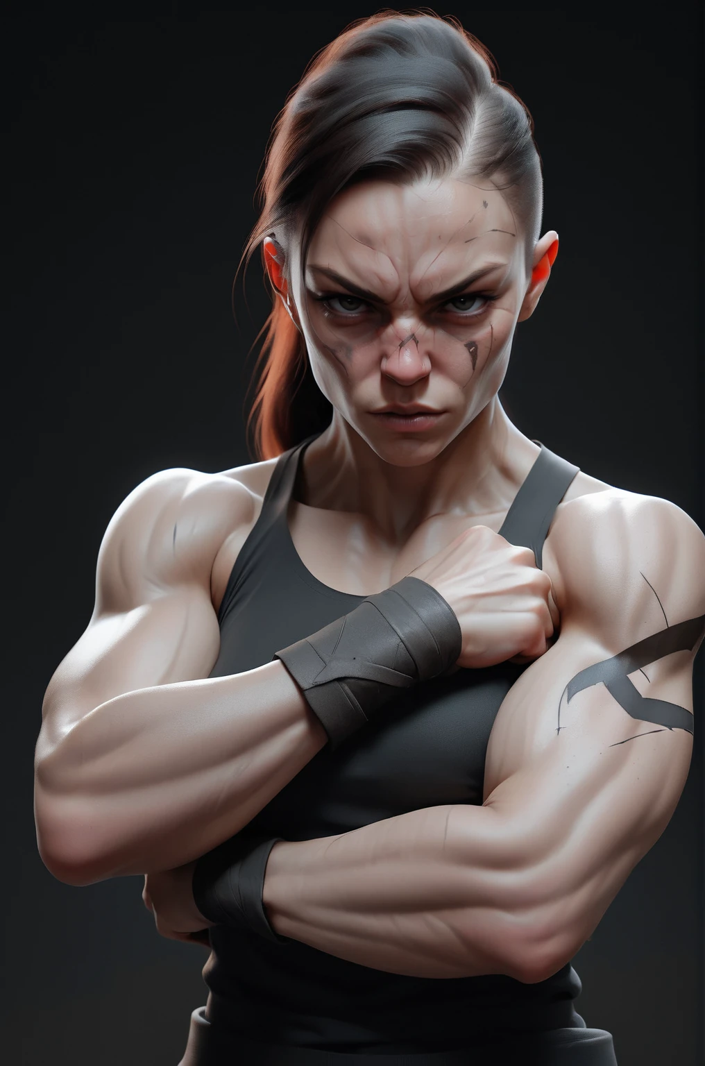 muscular female fighter with scars on her arms, sn3dmstyle <lora:SN3DM_sdxl_scaled_dress-000011:0.75> sn3dm