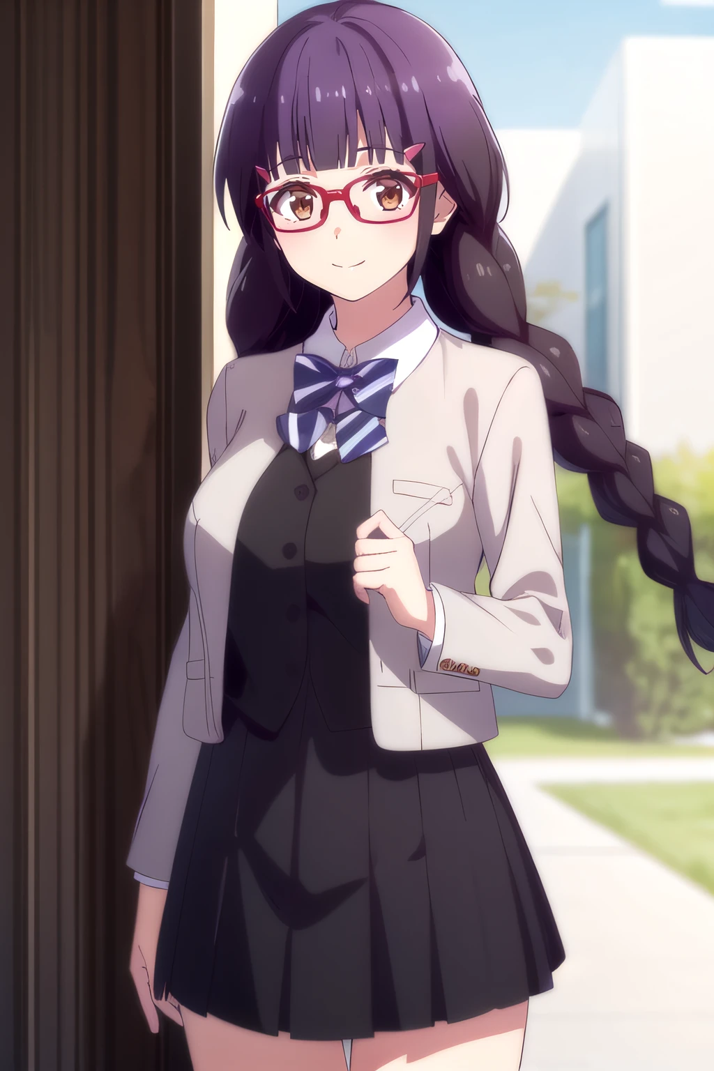 (masterpiece:1.2), best quality, high resolution, unity 8k wallpaper, (illustration), extremely detailed face, perfect lighting, extremely detailed CG, 1girl, solo, <lora:Izumisawa:0.8>, izumisawa, standing, glasses, twin braids:1.2, smile, looking at viewer, cowboy shot, large breasts, school uniform, jacket