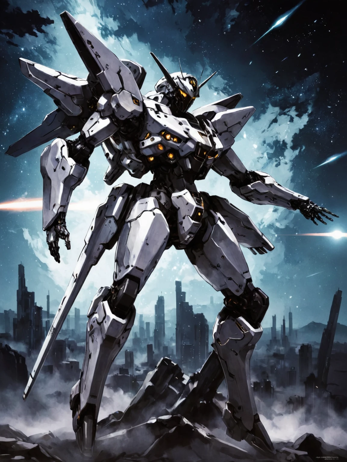 amazing artwork in the style of Shinkawa Youji, a giant robot, orbital frame from zone of the enders, night sky.   <lora:shinkawa_youji_xl_v1f:1>