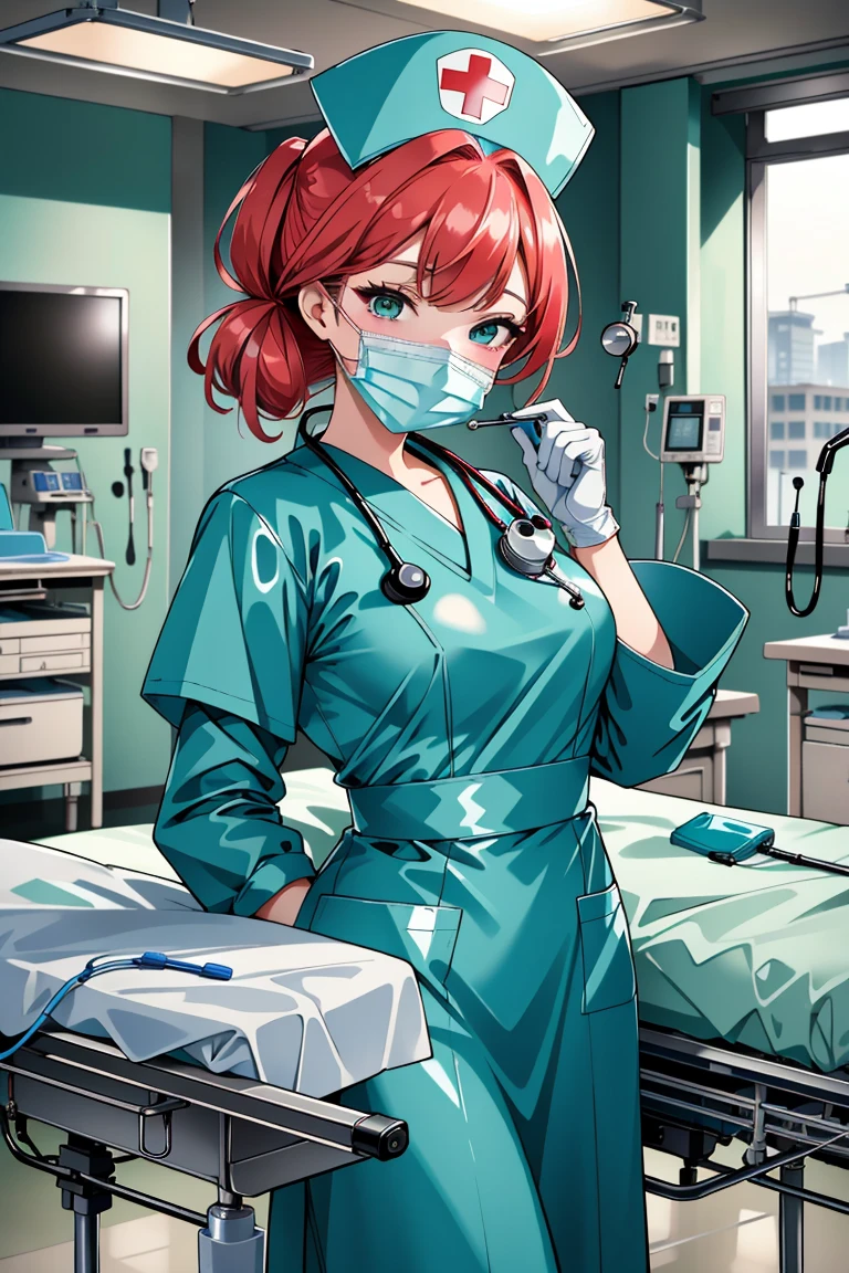 ((masterpiece, best quality,lower_body)), operating table,medical monitors,hospital bed, standing, <lora:Kazumi_Takayama_v1.2-000006:0.8>  (kazumi takayama,red hair,green eyes), <lora:surgical_nurse_v1:0.8> (surgical_nurse_v1.0, nurse cap, nurse, latex, stethoscope, latex gloves, surgical mask),