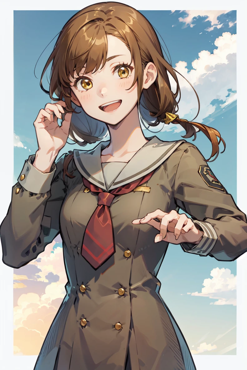 corda yui, school uniform, bowtie, 1girl, smile, brown hair, yellow hair, clasped hands, open mouth