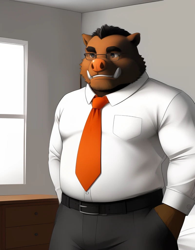 (((detailed eyes, detailed face))), (furry, botan <lora:character_botan_findigo_v2:1>, brown fur, black hair, mohawk, tusks, boar, old man), male, (solo), (plump, fat, chubby, overweight), (white shirt, black pants, orange necktie, belt, small glasses), standing, (arms behind back), smile BREAK (konzaburou, ukan_muri, cute), bedroom, (flat shading, flat color, high brightness), 8k, UHD, masterpiece, (full body)