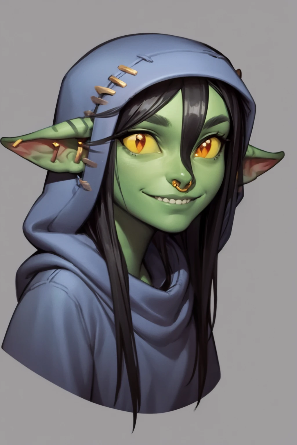 masterpiece, best quality,
1girl, nott, black hair, yellow eyes, colored sclera, pointy ears, colored skin, green skin, shortstack, hood,
smile, upper body, solo, looking at viewer, simple background <lora:Nott:1>