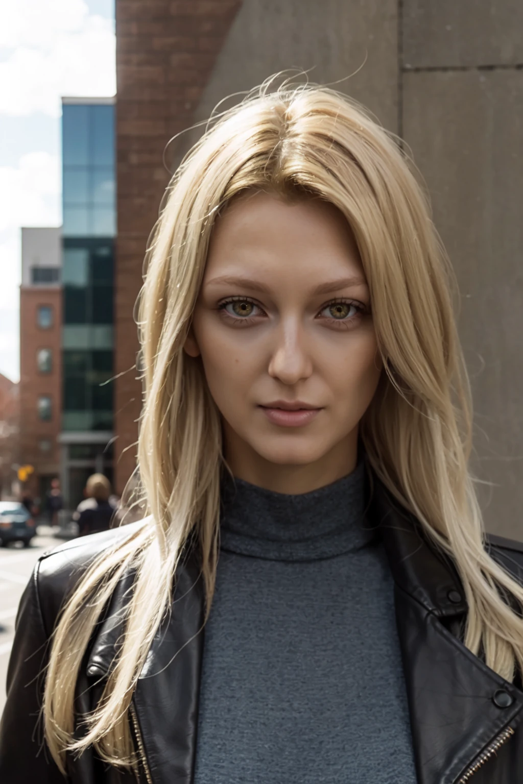 <lora:mondongo_LoRA_GeorgiaHirst_v2:1> mndngwmn, blond hair, (ultra realistic, 8k,high quality), wearing a leather jacket, on a city downtown