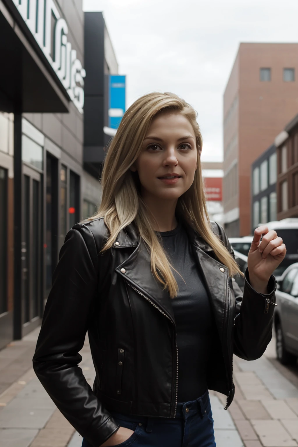 <lora:mondongo_LoRA_MaudeHirst:1> mndngwmn, blonde hair, wearing a leather jacket, on a city downtown, (ultra realistic, 8k,high quality)