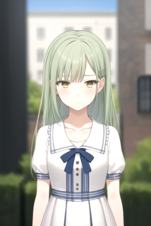 outdoors, blurry background,  1girl, solo, masterpiece, <lora:mutsumiv5:0.8>, white dress, short sleeves, collarbone, upper body, portrait, expressionless,