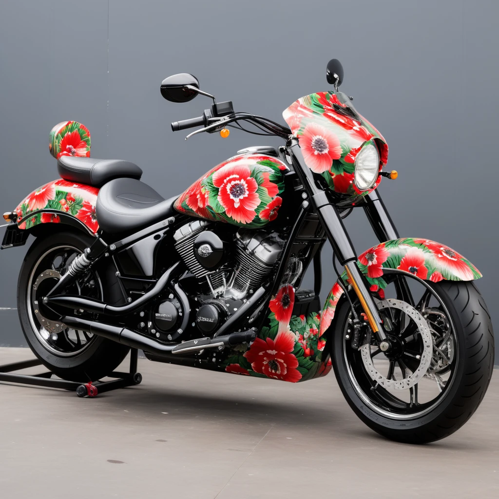 "Generate an image in a realistic style featuring a motorcycle adorned with a red floral paint job. The motorcycle should be sleek and modern, with intricate patterns of red flowers elegantly covering its body, contrasting against a glossy black base color. The image captures the motorcycle in a well-lit setting, highlighting the vibrant details of the floral design and the sleekness of its engineering. Attention to detail is paramount, showcasing the reflection of light on the polished surfaces and the texture of the petals against the metal, <lora:haka_flower:0.8>,