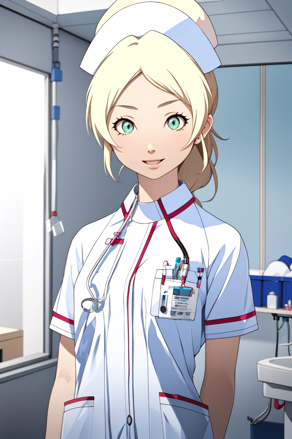 (RAW photo, best quality), wide angle photo, masterpiece, 1girl,  natural lighting
hospital, operating room, surgical gloves, 
(((White))) nurse uniform smooth, nurse, nurse hat, stethoscope  <lora:NurseUniform0_1:0.8>,
  <lora:angela_thompson_v1_2-000003:1>, angela_thompson