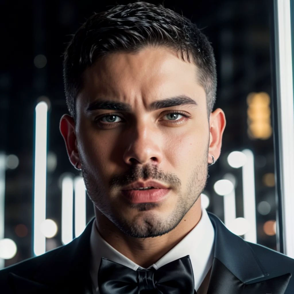 face portrait of felipefontora person using a tuxedo, in blade runner, professional photography, high resolution, 4k, detailed photo, <lora:felipefontora_43650:1>