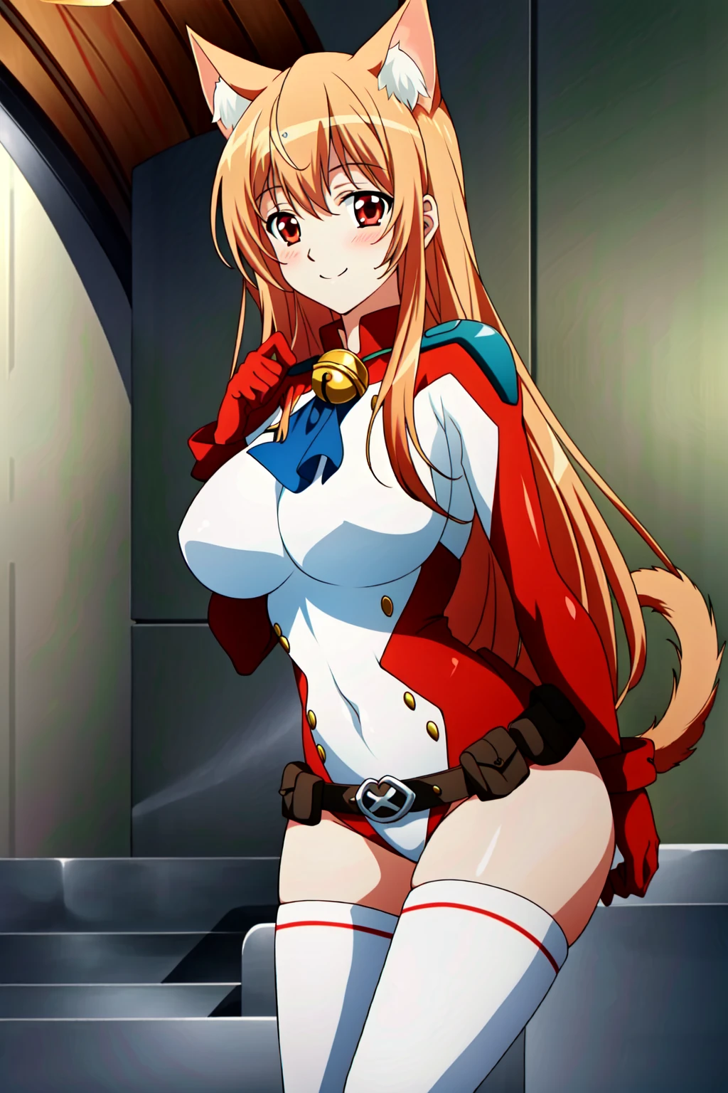 (extremely detailed CG unity 4k wallpaper),(masterpiece),(best quality),(ultra-detailed),(best illustration),(best shadow),(absurdres),(detailed background) <lora:IGT_Eris-v1:0.8> Eris, 1girl, animal ears, solo, bell, breasts, jingle bell, tail, long hair, red leotard, pouch, leotard, cat tail, cat ears, thighhighs, large breasts, belt pouch, red eyes, belt, loose belt, orange hair, white thighhighs, bangs, looking at viewer, simple background, cowboy shot, light smile, neck bell, smile, very long hair, turtleneck, red gloves, bracer, collar, standing, ascot