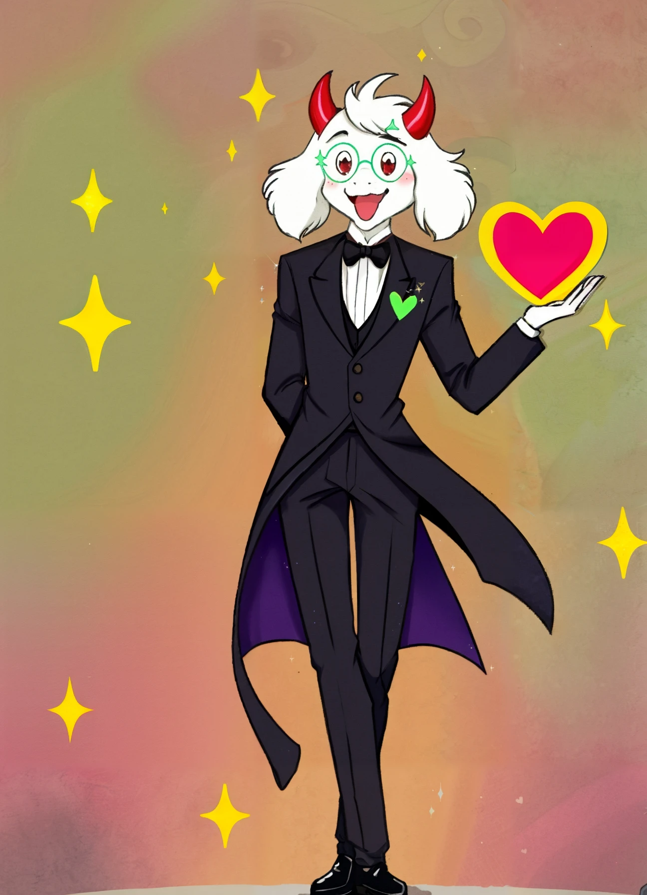 ralsei, sparkle, heart, smile, full body, looking at viewer, :d, butler