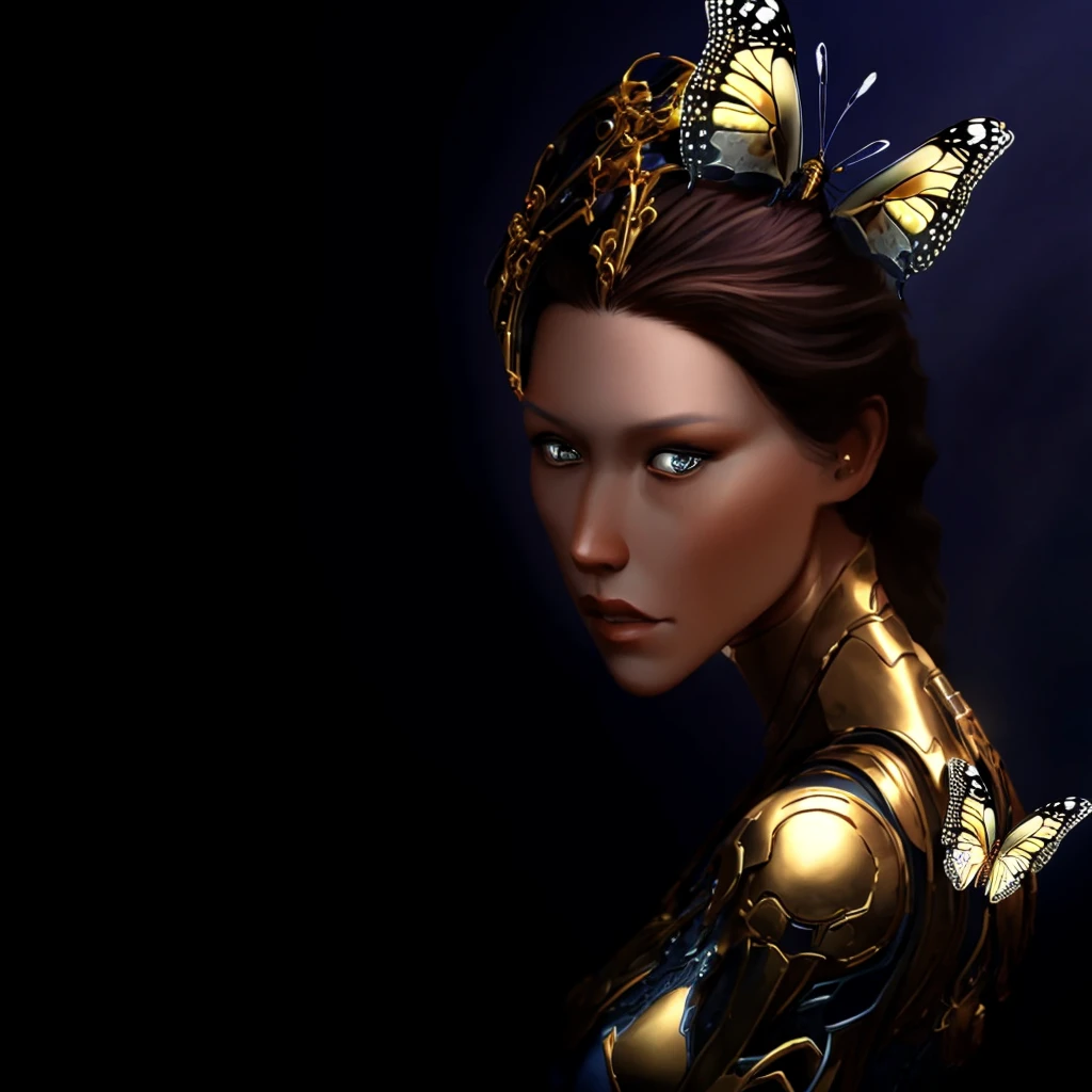photo, 8k portrait of beautiful cyborg with brown hair, intricate, elegant, highly detailed, majestic, digital photography, art by artgerm and ruan jia and greg rutkowski surreal painting gold butterfly filigree, broken glass, (masterpiece, sidelighting, finely detailed beautiful eyes: 1.2), hdr, realistic, high definition