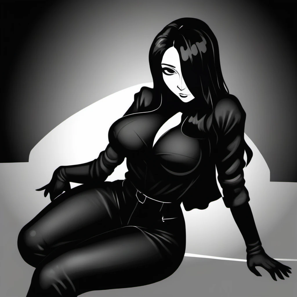 black and white, a seductive woman, dressed in black, full body <lora:Nila-Telepurte1024-000130:0.8>
