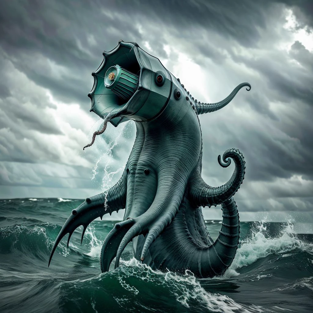 A scary sea monster is talking holding a megaphone in its tentacle during a storm  <lora:SD15-Megaphone-LoRA:0.8>, Very detailed, clean, high quality, sharp image