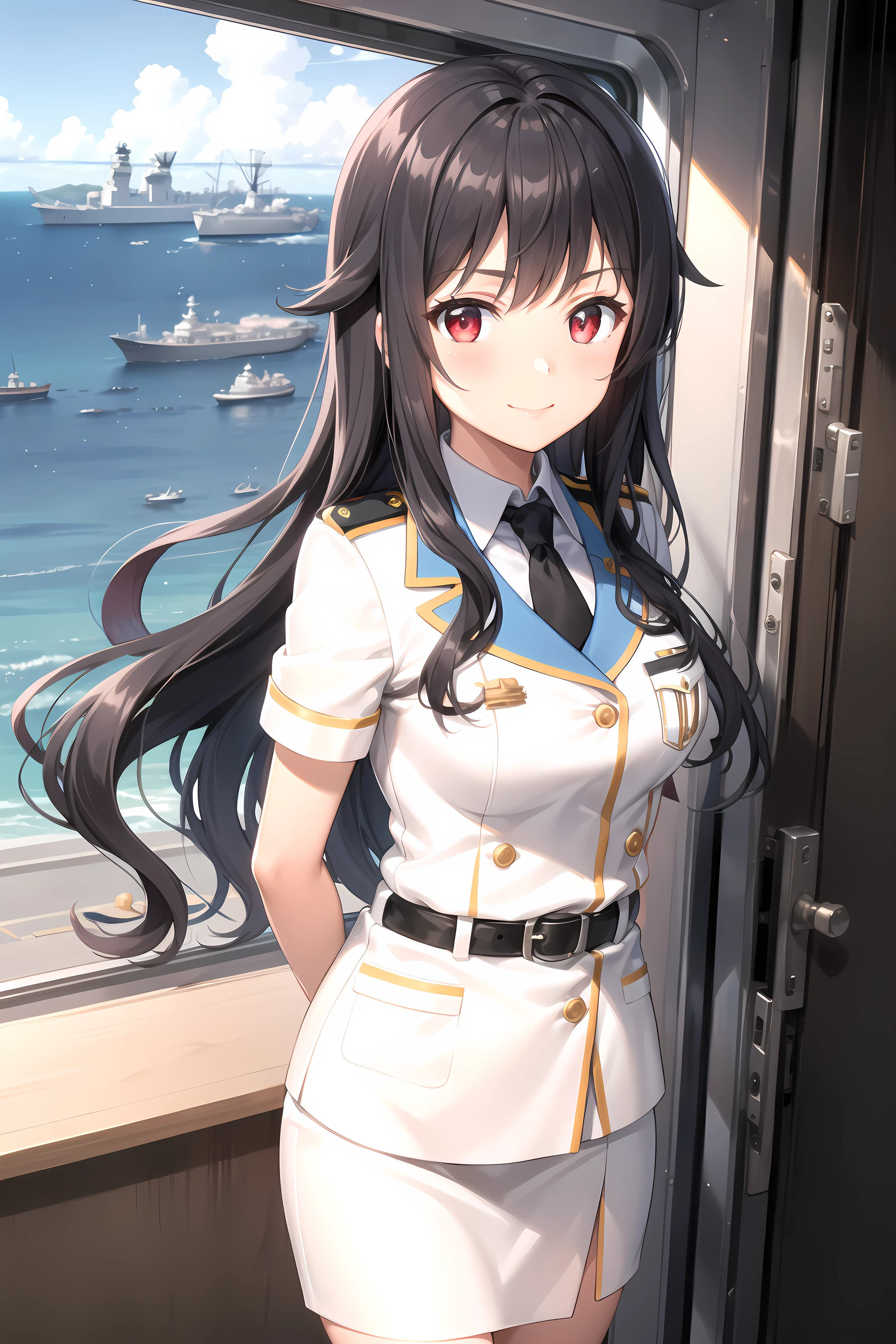 best quality, masterpiece, detailed,
<lora:HighSchoolFleet_MunetaniMashimo_1:0.8>, MunetaniMashimo,
1girl, closed mouth, light smile,
black hair, red eyes, long hair, wavy hair, hair flaps,
military uniform, white jacket, breast pocket, black necktie, belt, pencil skirt, white skirt, short sleeves,
standing, looking at viewer,
outdoors, ocean, (ship, military vehicle:1.2)
