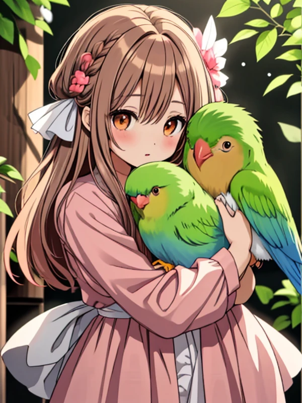 masterpiece, best quality,1girl,blonde,pink dress, kawaii, long hair, brown eyes, 1boy, brown hair, brown eyes, 2lovebirds, 1 blue lovebird with white head, 1 green lovebird with red head