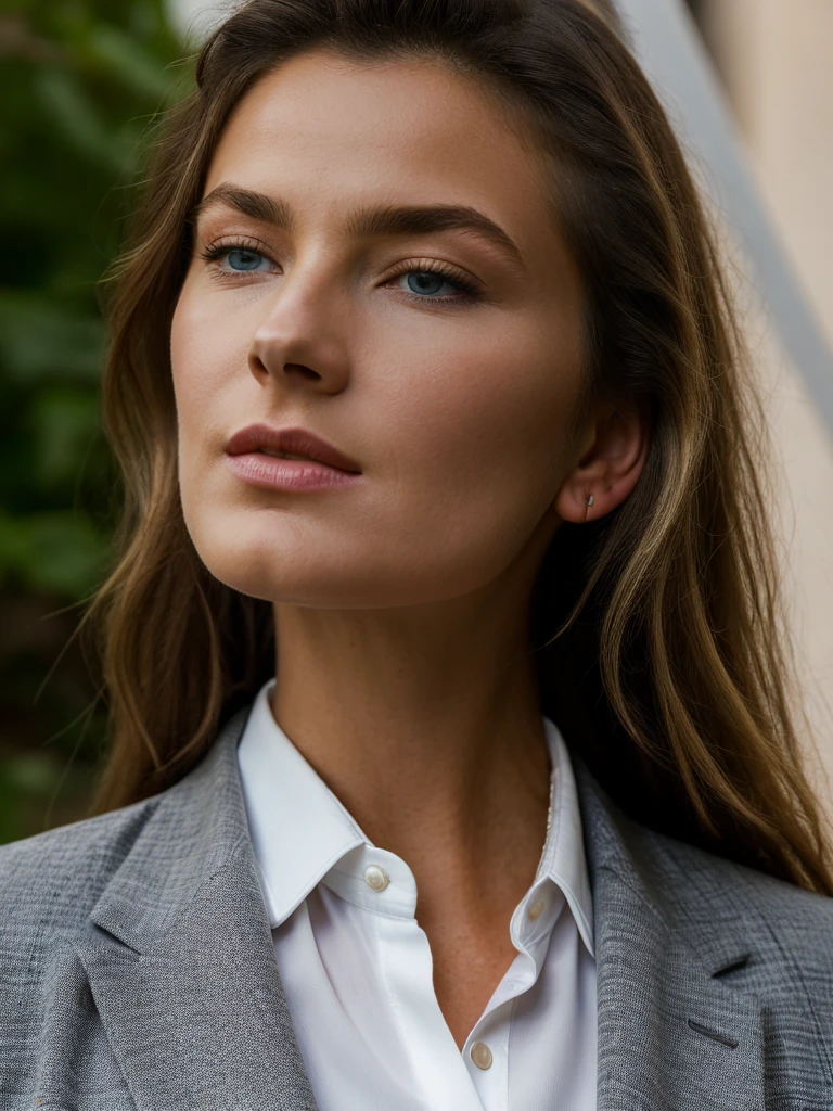 A beautiful p4ul1n4p woman, 1girl,solo,long hair,blue eyes,blonde hair,shirt,closed mouth,jacket,white shirt,upper body,necktie,collared shirt,lips,looking to the side,looking away,formal,suit,blue necktie,realistic,grey jacket,nose,soft lighting, professional Photography, Photorealistic, detailed, RAW, analog, sharp focus, 8k, HD, high quality, masterpiece<lora:p4ul1n4p:1.0>