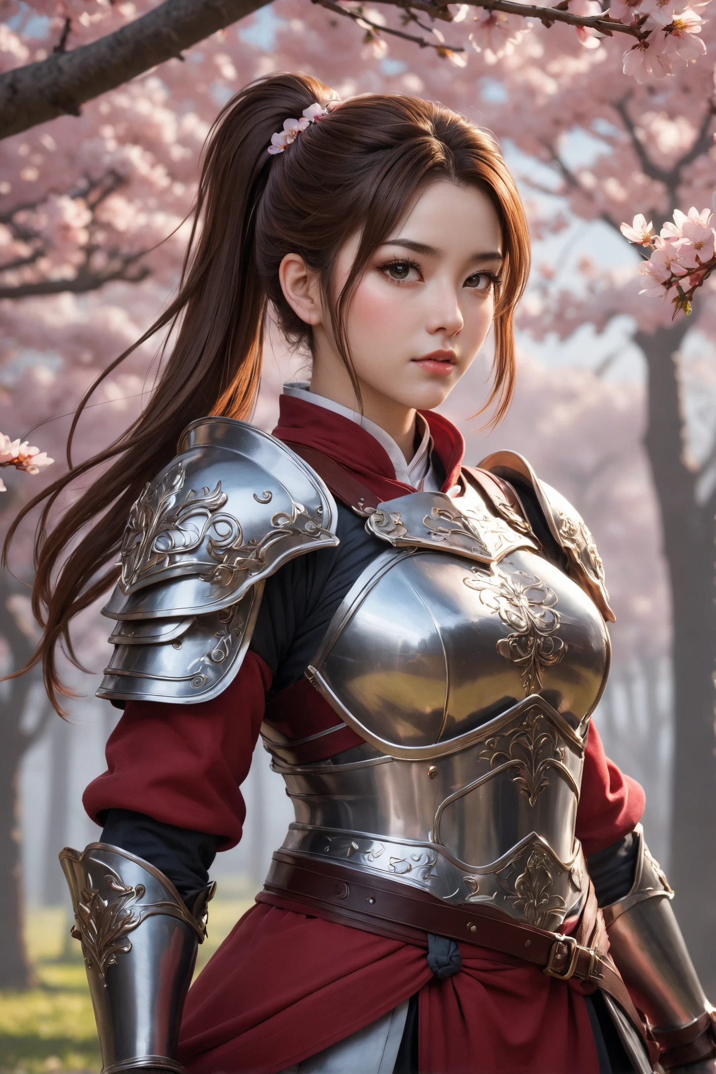 stunningly detailed absurdly adorable lady illustration, petite, arms behind back, tightly grip a katana, open stance, cool eyes, glow sharp eyes, gray and red hair, classical samurai armor and gauntlet, samurai helm, hauntingly beautiful flower garden background, beautiful detail glow, (every detail captured texture:1.1), extremely insane detail, exquisite detail, insane details, divine possession water coloring, extremely elaborate detail, amazing background detail, intricate surface detail, (impeccable quality:1.1), highest quality, highly quality, best quality, hyper realistic, (style of silkscreen:1.2),