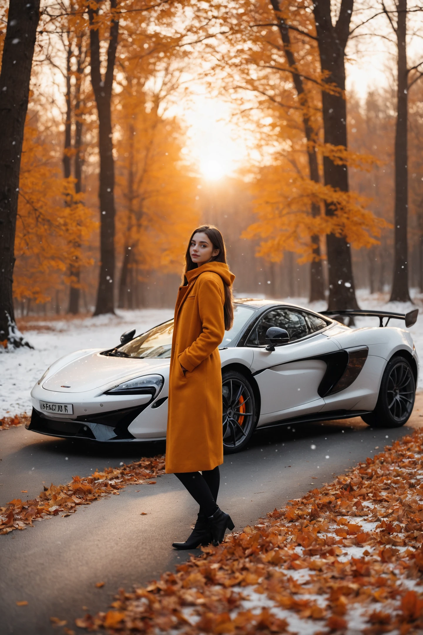 1girl standing next to a McLaren,autumn forest, sunset, leaves falling, first snow,