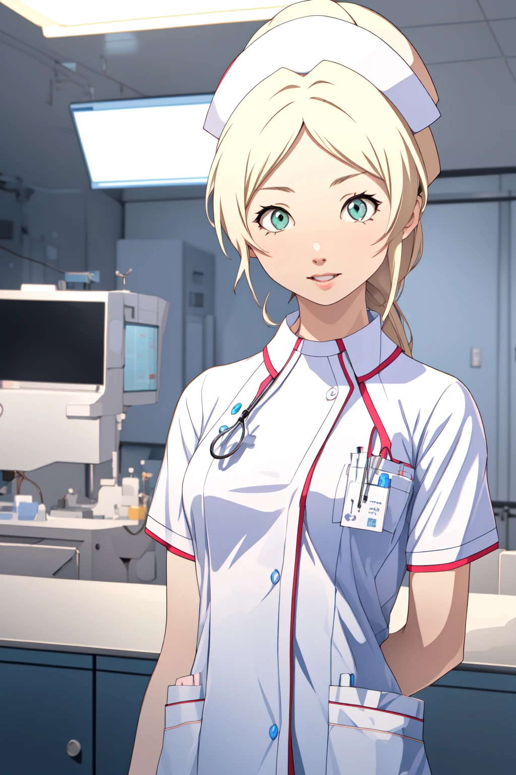 (RAW photo, best quality), wide angle photo, masterpiece, 1girl, natural lighting
hospital, operating room, surgical gloves,
(((White))) nurse uniform smooth, nurse, nurse hat, stethoscope <lora:NurseUniform0_1:0.8>,
<lora:angela_thompson_v1_2-000003:1>, angela_thompson
