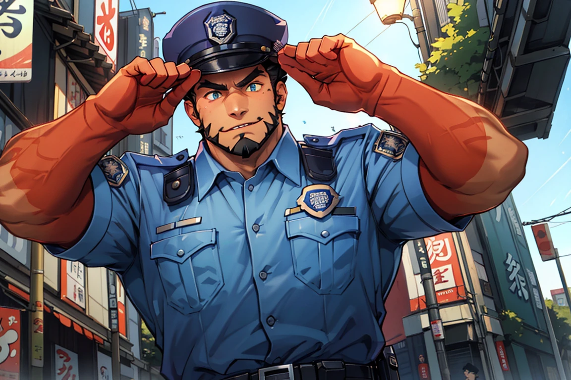((photo realistic)), (((one men only in the picture))), 30 years old mature beefy bulky sexy Japanese Kenta in police Keisatsu uniform looking to the camera, short haired, back arched, he is wearing dark blue satin pants and white shirt (unrealistic super big tight butt), ((tight pants)), medium shot taken from behind, back - shot, rear-shot, ((Low angle)), on a busy street
