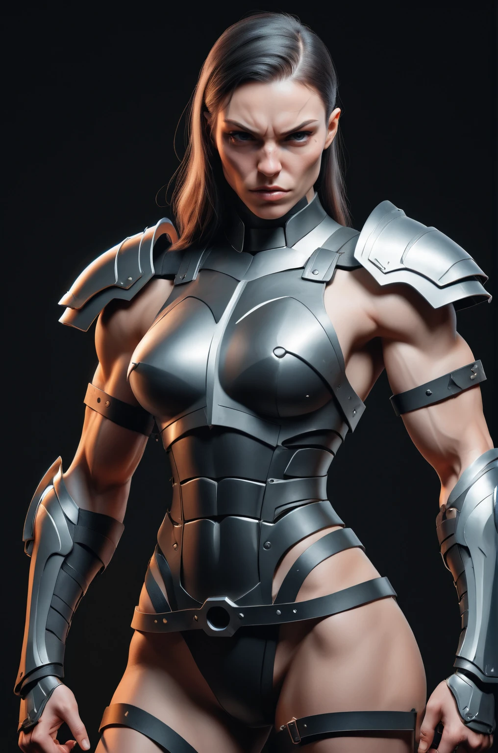 muscular female warrior in leather armor with a mechanical arm <lora:SN3DM_sdxl_scaled_dress-000011:0.75> sn3dm