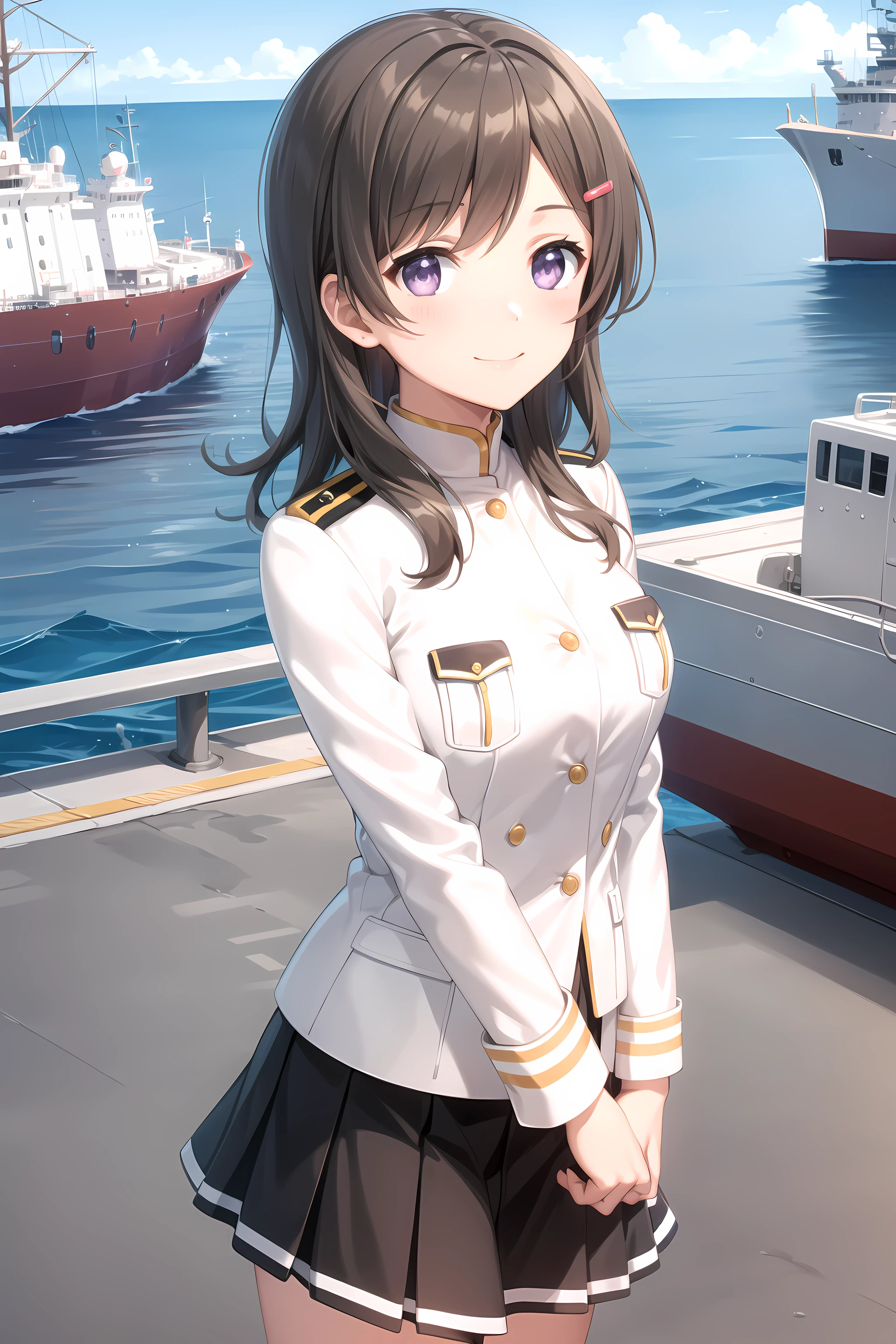 best quality, masterpiece, detailed,
<lora:HighSchoolFleet_ChinaMoeka_1:0.8>, ChinaMoeka,
1girl, closed mouth, light smile,
brown hair, purple eyes, long hair, hairclip,
military uniform, white jacket, breast pocket, black skirt,
standing, looking at viewer, arms at sides,
ocean, (ship, military vehicle:1.2)
