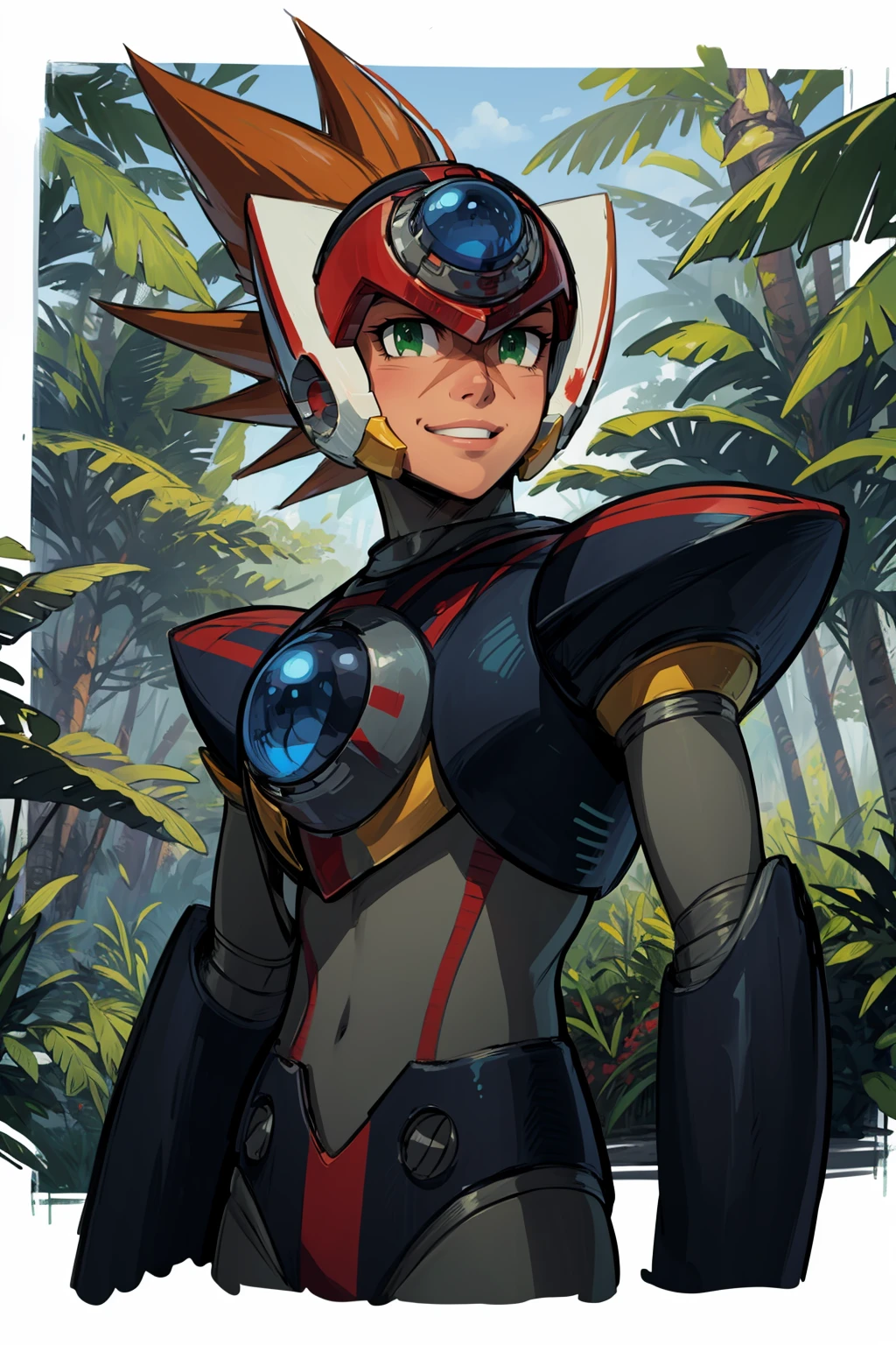 masterpiece, best quality,
1boy, axl, brown hair, spiked hair, hair between eyes, green eyes, helmet, scar, android, armor, closed mouth, robot, holding gun,
smile, arms behind back, upper body, solo, looking at viewer, trees, jungle background <lora:Axl:1>