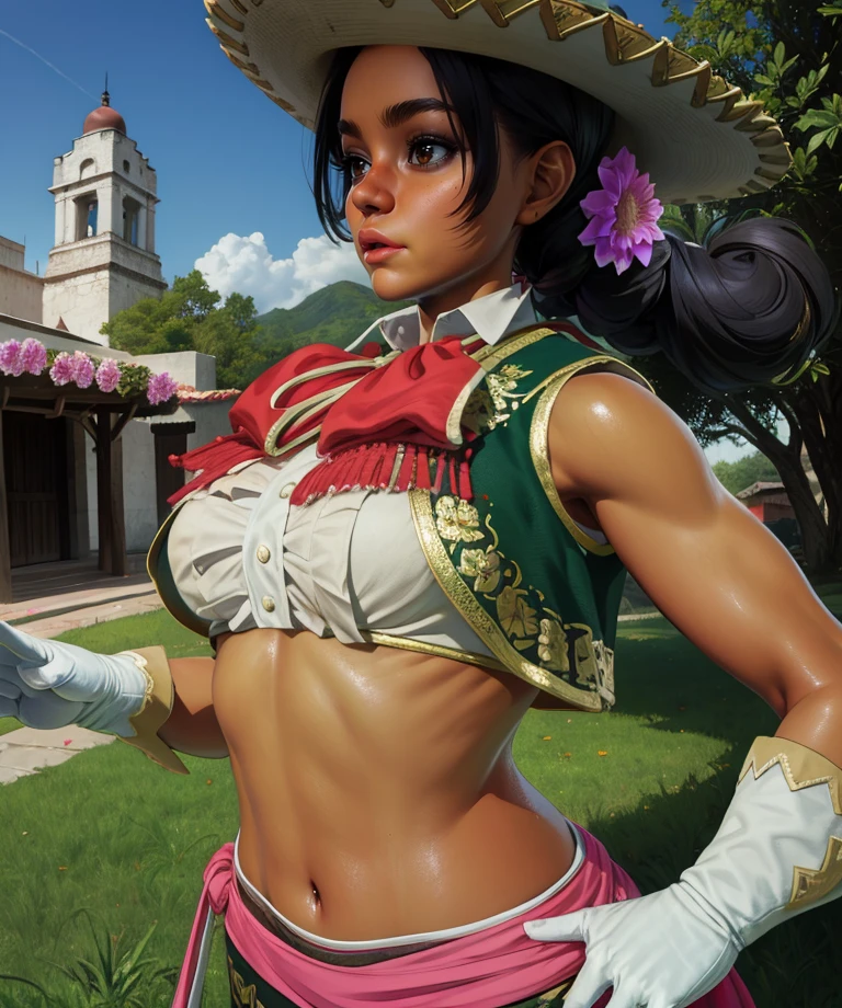 (masterpiece), best quality, expressive eyes, perfect face, Nico Robin in Sky Temple, (clouds background), (walking), (smirk), (closeup view), (1girl, Nico Robin face, dark skin, tanned skin, tan, black hair, bangs haistyle, brown eyes, hourglass figure, skinny body, large breasts, huge breasts, oppai, wide hips, thick thighs, (yellow spaghetti strap top with black wavy stripe pattern), (purple pants), white cowboy hat, native american arm-band, purple heels),