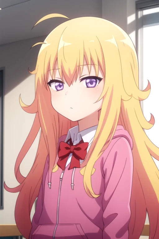 ((masterpiece)),(best quality),official art,extremely detailed CG,unity 8k wallpaper,ultra detailed,beautiful detailed eyes,extremely detailed face,classroom,1girl,solo,upper body,(portrait:1.5),looking at viewer,facing viewer,sleepy,half-closed eyes,deadpan,ahoge,very_long_hair,blonde_hair,messy_hair,sidelocks,hair_between_eyes,purple_eyes,pink_hoodie,red_bowtie,collared_shirt,white_shirt,small_breasts,red_skirt,pleated_skirt,plaid_skirt,black_socks,uwabaki,<lora:Gabriel Tenma White(gd)>,