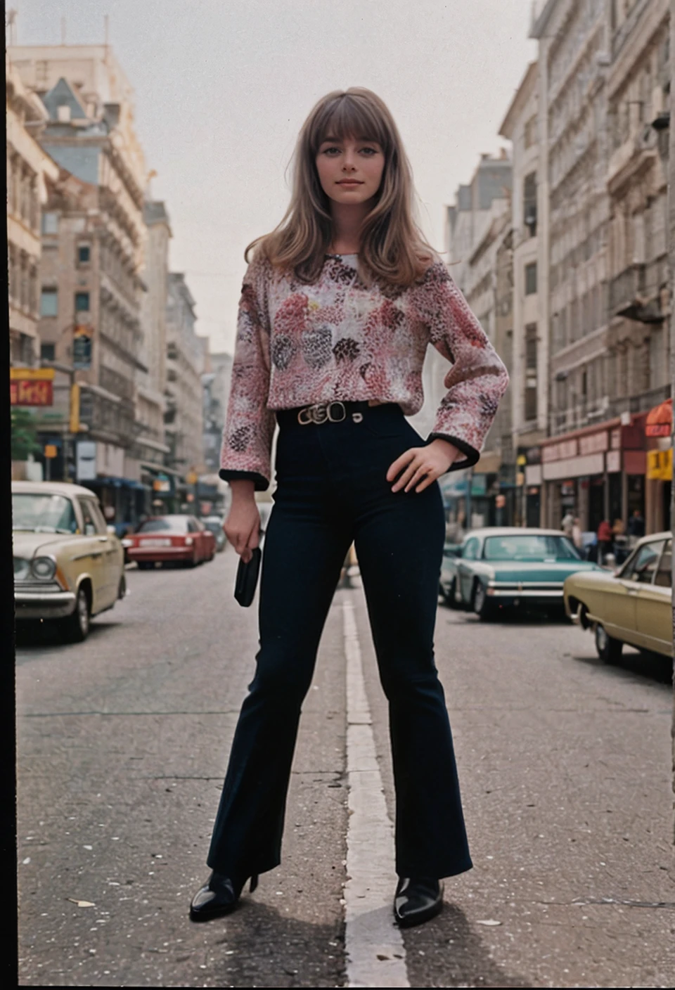 woman wearing floral blazer, high-waisted mom jeans, ankle boots, wide belt, fashion editorial, 1980s fashion || masterpiece, perfect quality, sharp focus, shallow depth of field, 8k