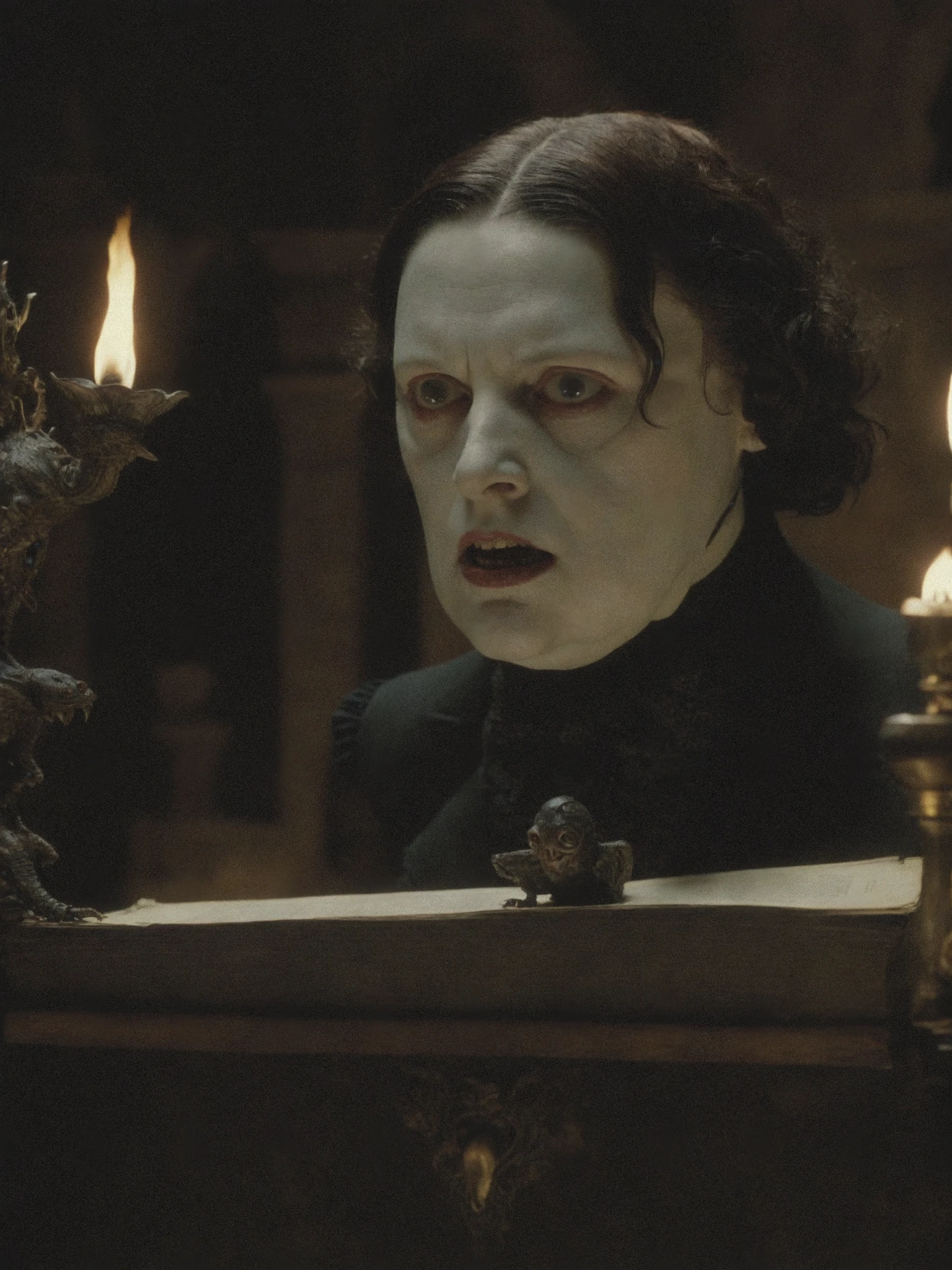 cinematic still, filmed byTim Burton, filmed by Agnes Varda, horror theme, ultra detailed photography, very high quality, 8k, masterpiece, best quality, inside a haunted mansion, rich and luxury, a lot of vintage stuff, specters hidden here and there, image similar to a 1980s film in cinemascope vivid colors, tim burton inspiration, high textures, 36mm, subsurface scattering, (dutch angle style:1.6), (chromatic aberration:1.4), RAW, film grain, analog, deformed face expressions, psychedelic