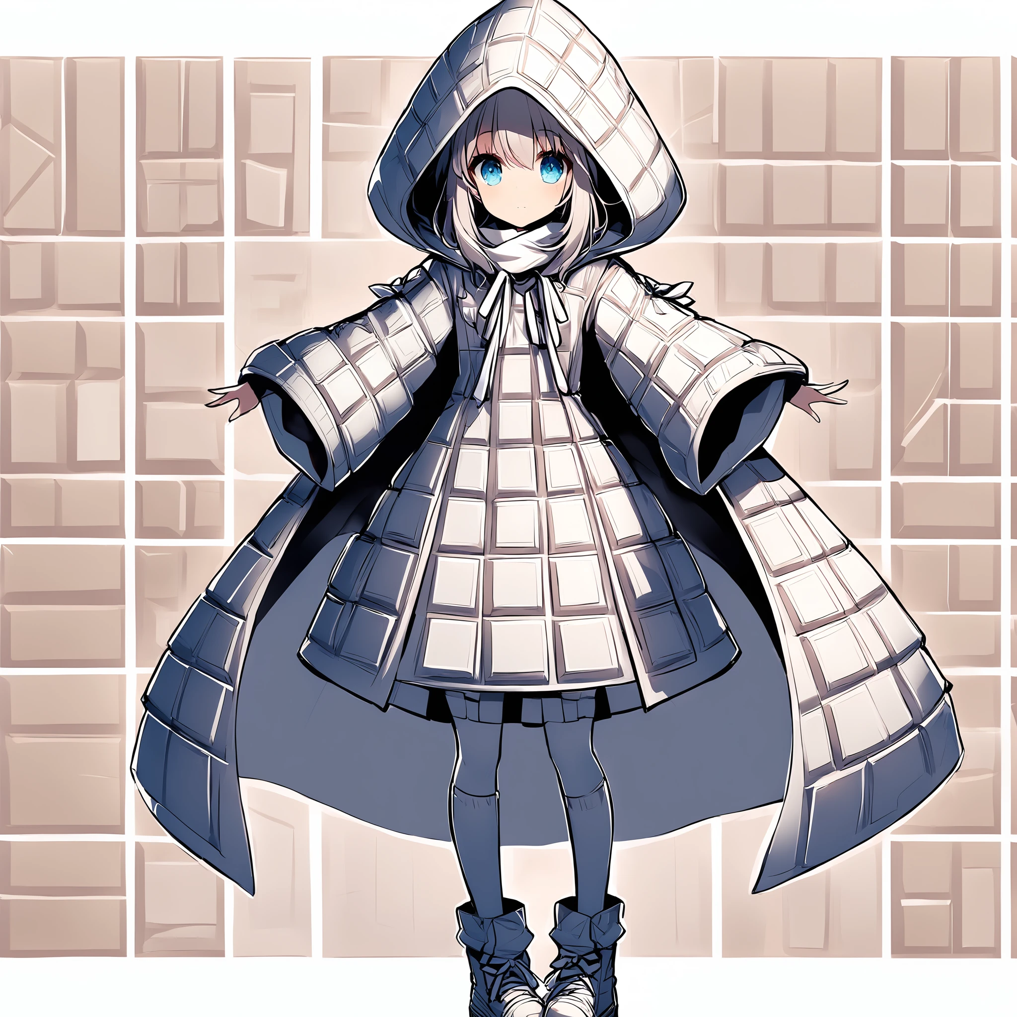 Create a vivid anime image of a vivid young anime girl. Her hair, eyes and skin should be light grey. She is wearing a white thick baggy long armored hooded robe with white ribbon, scarf and long boots.
1girl, solo, (hood up:1.5), <lora:itachokoishou_xl_v1:1>, itachokoishou