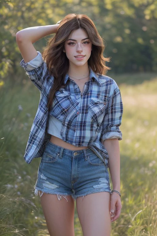 DEN_hannah_owo,
walking through a tallgrass meadow wearing Jean shorts and plaid shirt, meadow, wild, overgrown, walking,,
bokeh, f1.4, 40mm, photorealistic, raw, 8k, textured skin, skin pores, intricate details  <lora:epi_noiseoffset2:1>, epiCRealism <lora:detail_slider_v4:0.8> <lora:ClothingAdjuster3:-0.8>